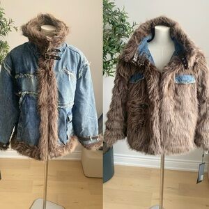 Reversible Denim Faux Fur Coat Heavy Winter Jacket M